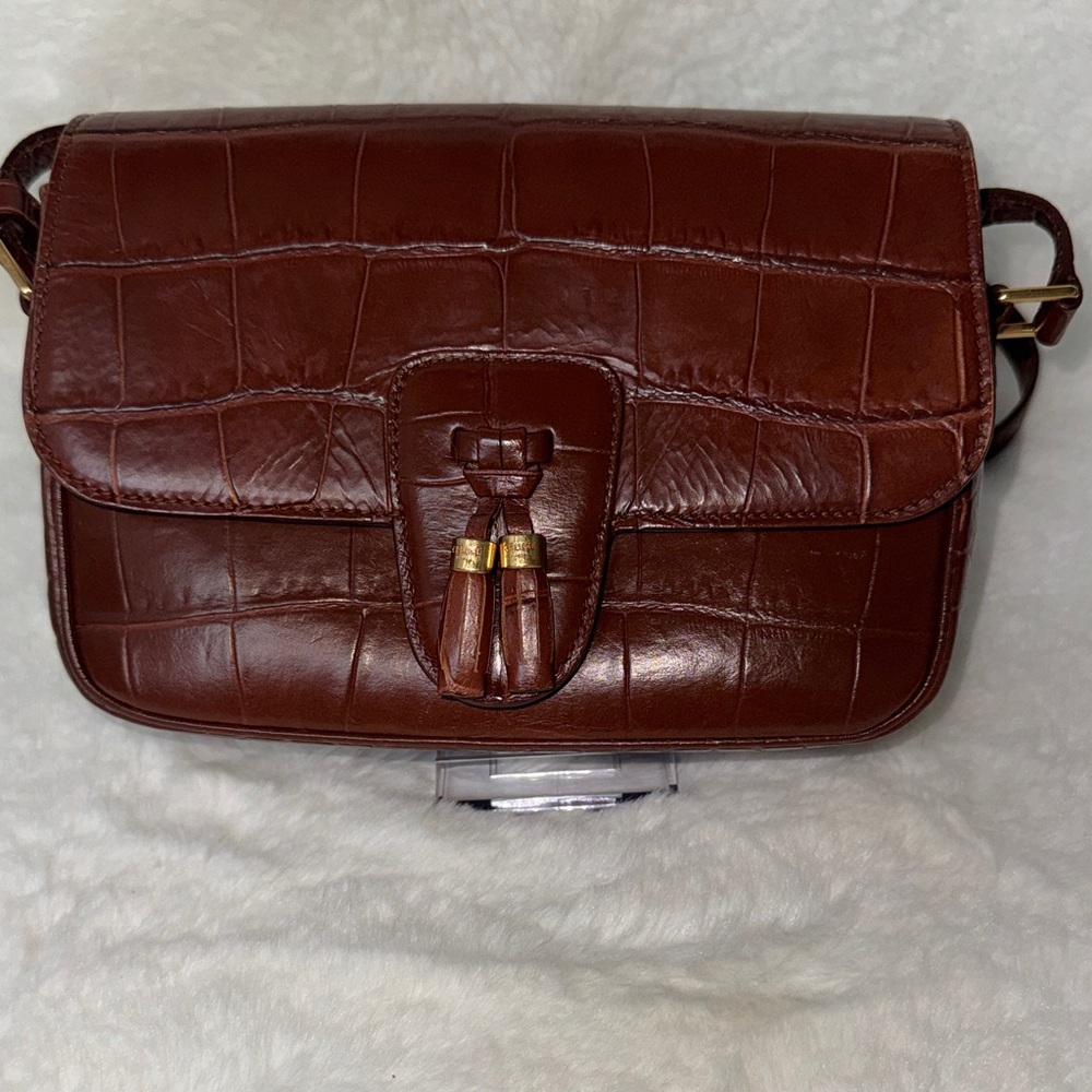 Celine Dark Brown Croc-Embossed Leather Crossbody with Tassel Accent